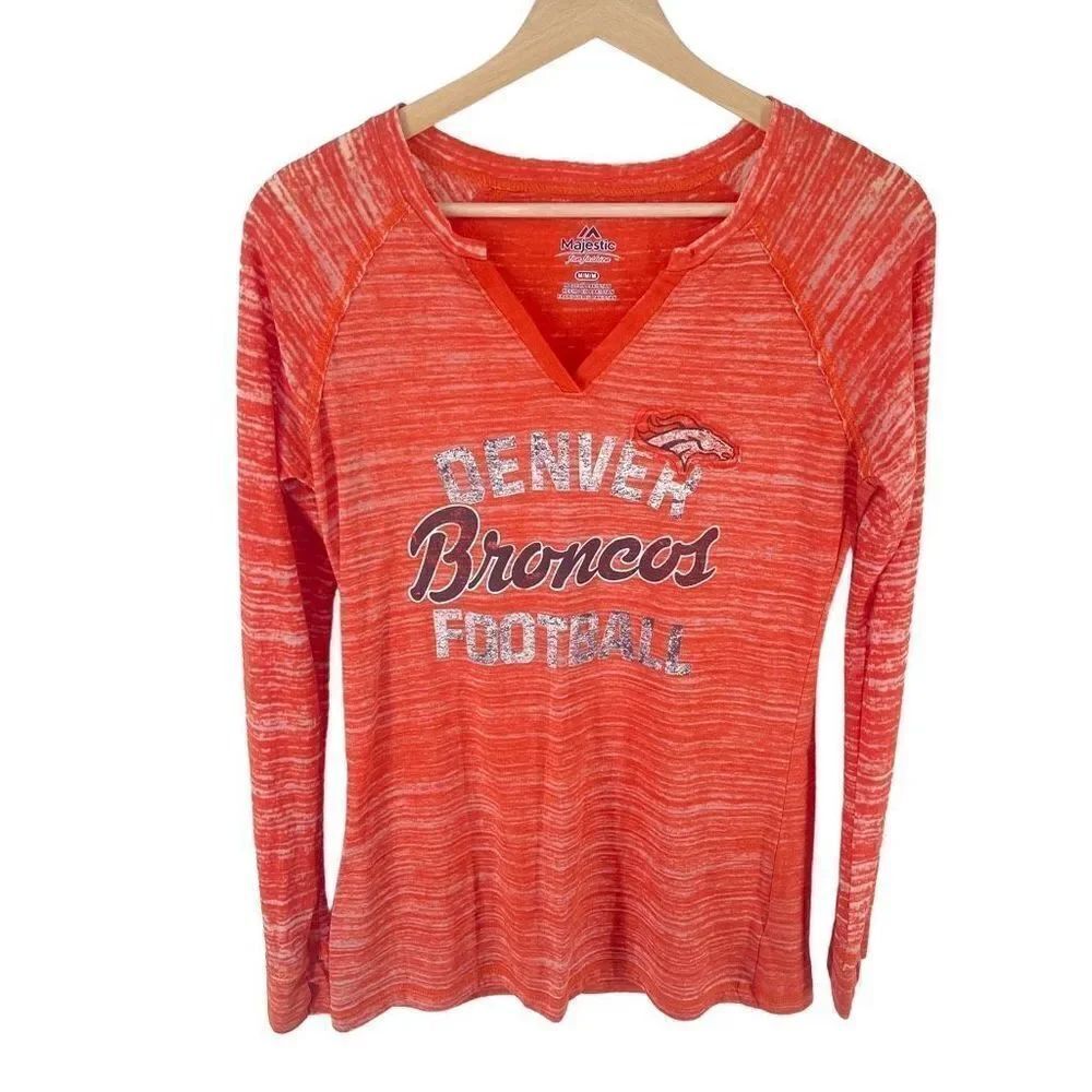 Majestic long Sleeve Tee shirt burnout Denver Broncos Football Orange Medium